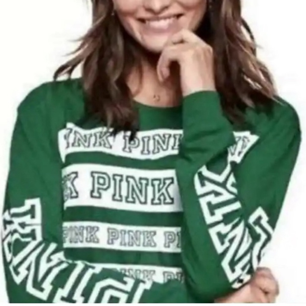 LN! PINK Victoria's Secret Print Green Long Sleeve Semi-Crop Boxy Tee